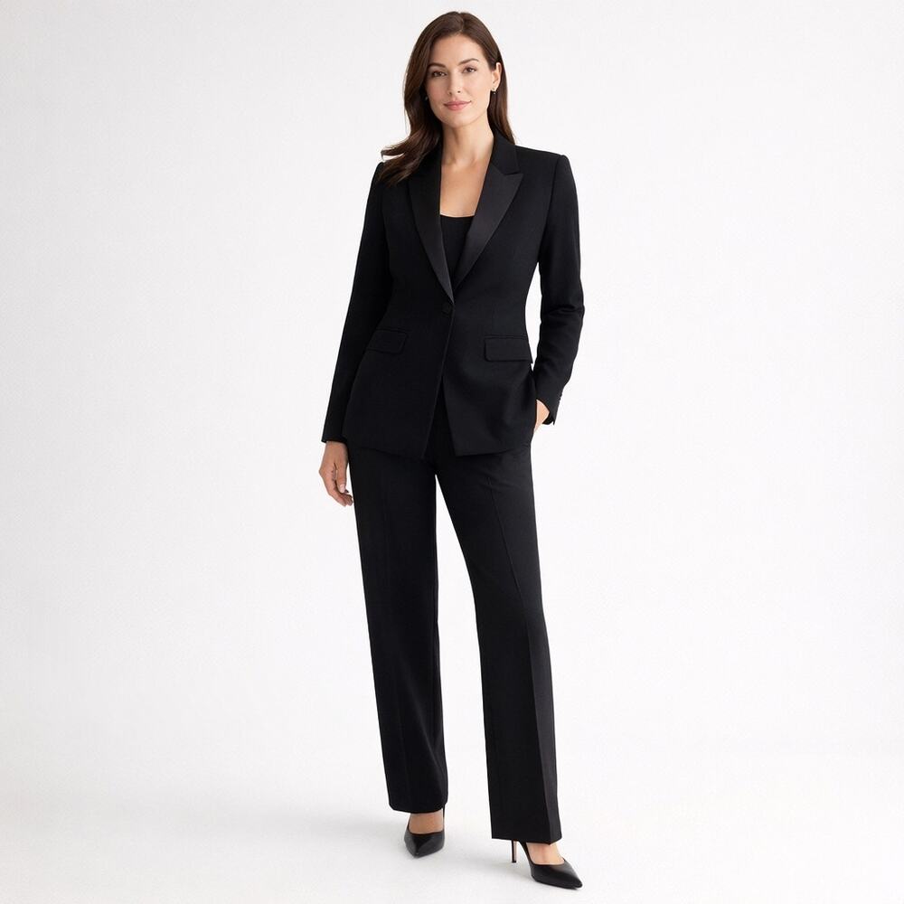 Kasper ASL Black Tuxedo Suit Satin Trim Blazer Pants Wool Blend Sz 12 Formal